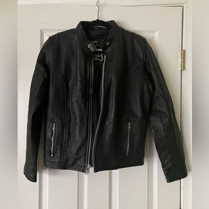 Women’s leather motorcycle jacket.